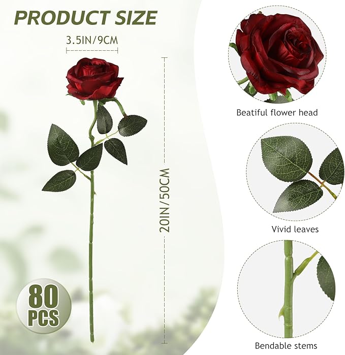 Kisflower 80 Pcs Burgundy Roses Artificial Flowers Bulk, Maroon Flowers Artificial Silk Roses with Stems for Decoration DIY Wedding Bouquet Bridal Shower Party Home Table Centerpieces Decor (Burgundy)