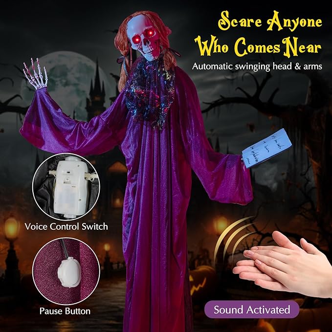 BECOMFORT 6 FT Halloween Animatronics, Sound-Activated Skeleton Girl with Book, Glowing Eyes, Howling Sounds, Moving Head & Posable Arms, Animated Halloween Props Decoration for Indoor & Outdoor