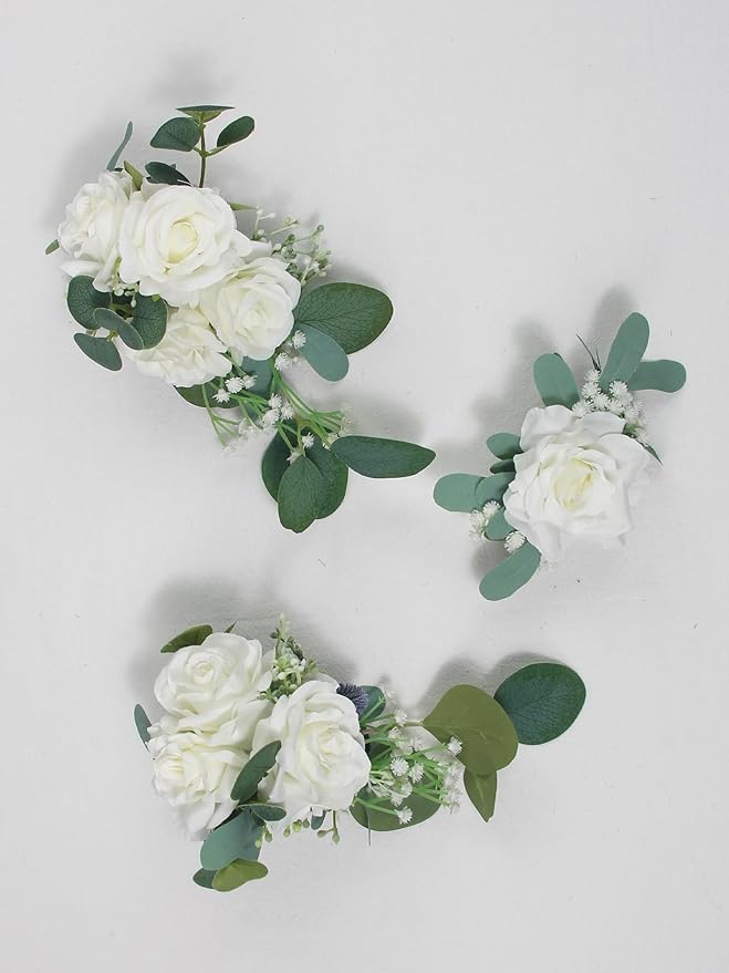 Rinlong 3Pcs Pre-made Cake Flowers White Green Cake Decorations Wedding Cake Decorating Flowers Decor Birthday Baptism Party Artificial Flowers Cake Toppers