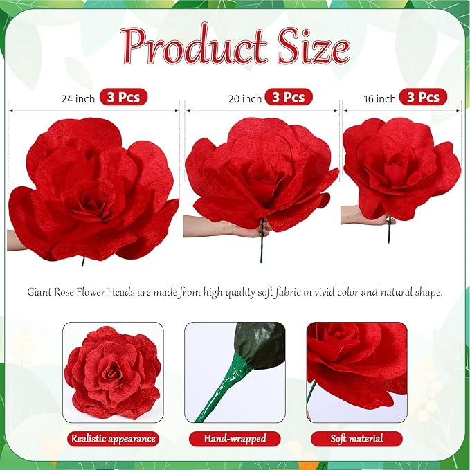 Norme 3 Pcs Valentine Giant Artificial Flowers Decoration 16, 20, 24 Inch Large Rose Petals Giant Flowers Large Red Rose for Wedding, Home Decor, Anniversary Birthday Valentine's Day
