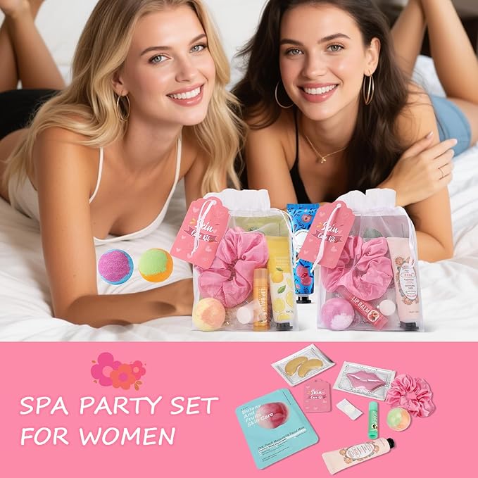 60PCS Spa Party Supplies for Girls, Include Facial Masks, Lip Mask, Under Eye Patches, Lip Balm, Foot Bath Bombs, Hand Cream, Compressed Towel, Hair Band, Sleepover Party Supplies for Girls