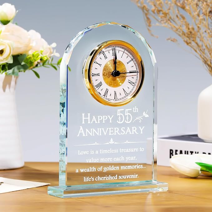 YWHL 55th Wedding Anniversary Quartz Clock Gifts for Couples, 55 Year Anniversary Glass Keepsake Gift for Parents Grandparents, Table Clock 55th Anniversary Party Decoration (Battery not Included)