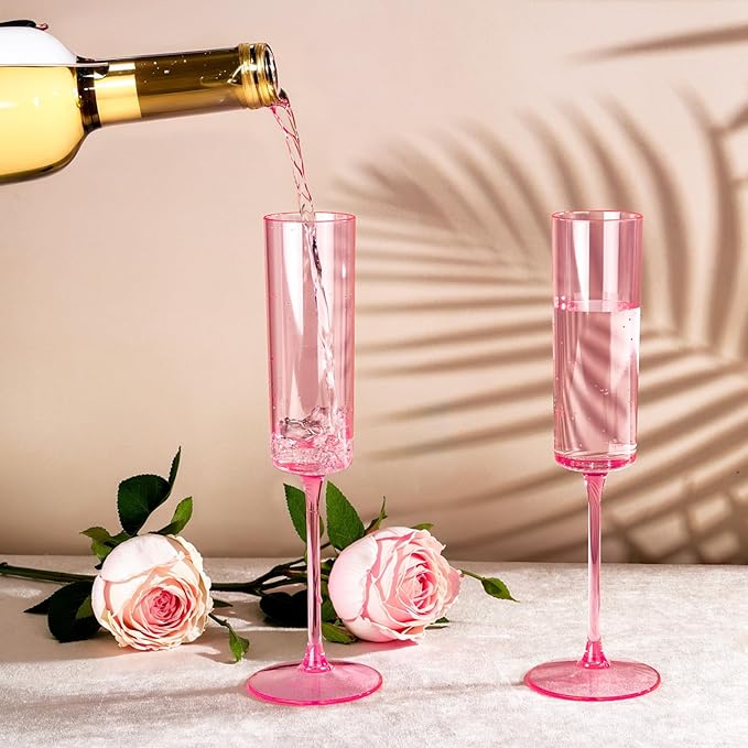 Ciaell 24 Pack Pink Plastic Champagne Flutes - Pink 6 Oz Disposable Champagne Glasses - Square Plastic Toasting Glasses for Party Birthday Anniversary Wedding & Valentine's Day