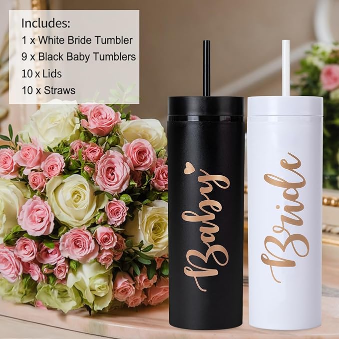 10 Pack Bride to Be Skinny Tumbler | 16 oz Bride & Baby Tumblers | Bachelorette Party Cups | Engagement Wedding Gifts Bridesmaids Mugs Bachelorette Party Supplies & Games(Black)