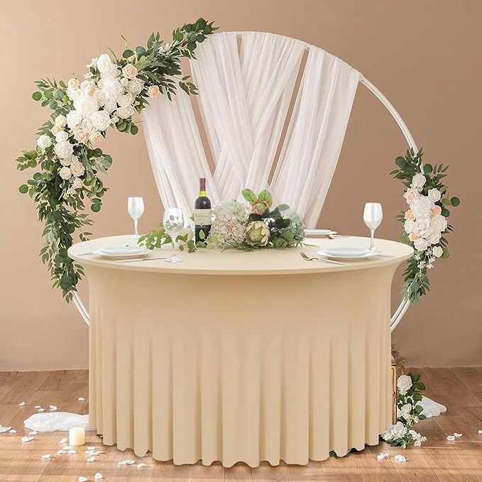 2 Pack Champagne Round Spandex Tablecloth 60 Inch, Wrinkle Free Stretch 120 Inch Round Fitted 5ft Tables, Ruffle Skirt Table Covers for Wedding Party Banquet