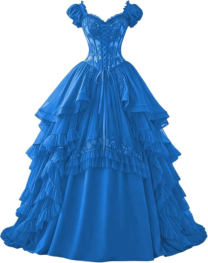 Ftupza Gothic Wedding Dresses Lace Appliques 1800s Victorian Dresses for Women Layered Tulle Prom Dress Long Ball Gown