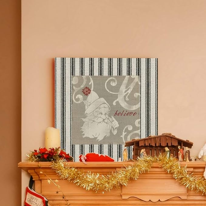 Renditions Gallery Believe Santa Claus Wall Art, Christmas & Winter Decor, Cream & Red, Striped Fabric Look, Premium Gallery Wrapped Canvas, Ready to Hang, 40 in H x 40 in W, Made in America