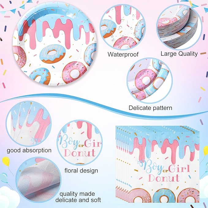 Pickmesh 400 Pcs Donut Themed Gender Reveal Party Supplies Include Boy or Girl Disposable Paper Plates Napkins Cups Cutlery for Blue Pink Gender Reveal Baby Shower Table Decorations Serve 50