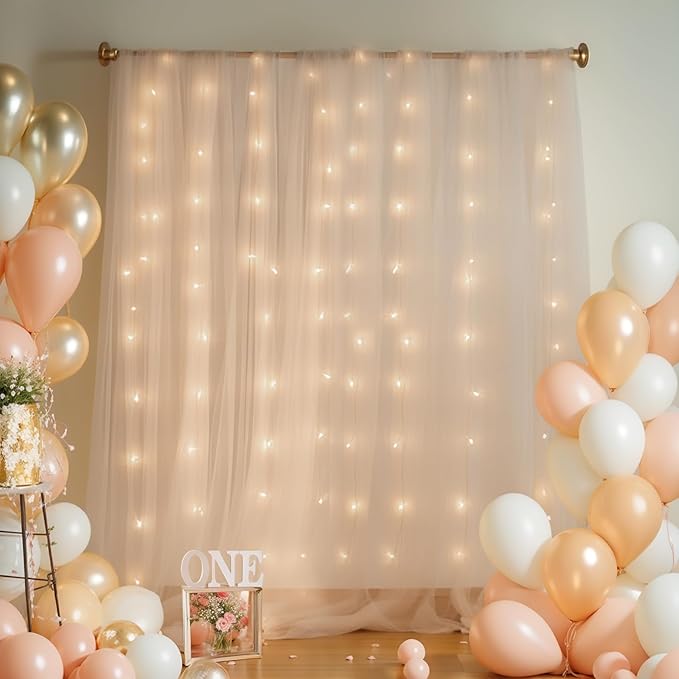 30x8ft Champagne Tulle Backdrop Curtain with Lights String for Parites, Sheer Photo Backdrop Curtains with Lights for Wedding Backdrop Ceremony Reception Bridal Shower Baby Shower Birthday Party