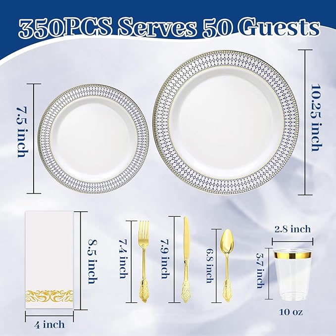 MENDENG 350Pcs Plastic Plates for Party Plates Disposable Heavy Duty Platos Desechables Elegantes, Thanksgiving Christmas Plates Disposable with Cups and Napkins and Gold Cutlery Set