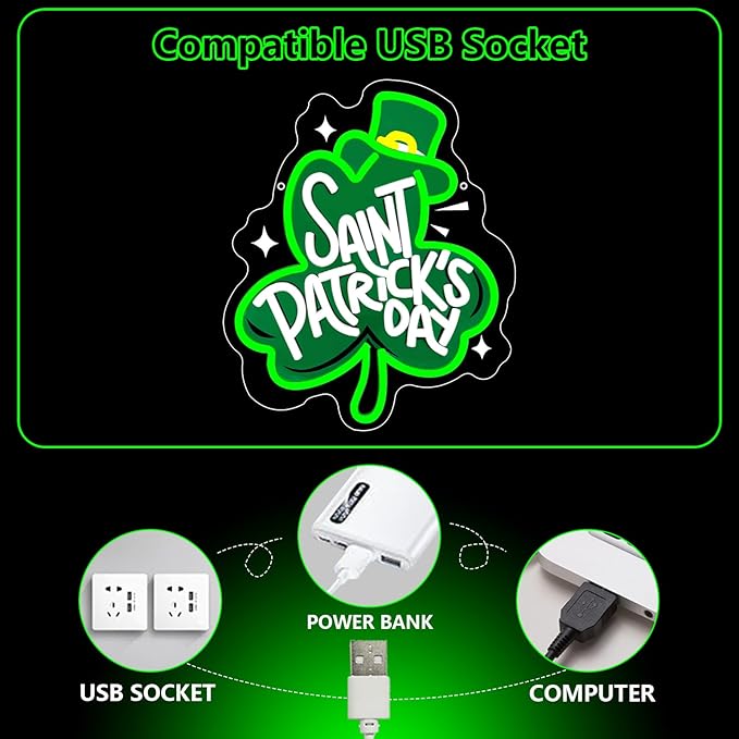 St Patrick's Day Neon Sign, Lucky Clover Happy St Patrick's Day Led Neon Light Signs for Wall Decor Party Favor Green Lucky Leaf Sign for Arbor Day Store Decorations Gift Dimmable USB Powered