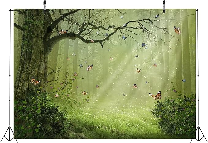 BELECO Fairy Tale Forest Backdrop 12x10ft Fabric Jungle Forest Sunsine Butterflies Background Enchanted Forest Nature Woodland Backdrop Baby Shower Birthday Party Decor Banner Kids Adults Photoshoot