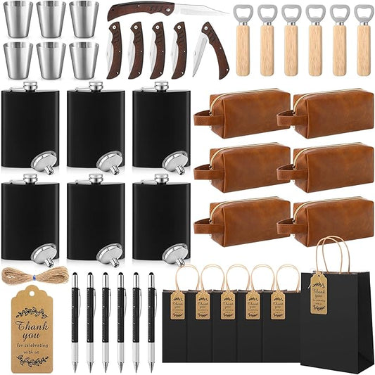 44 Pcs Baby Shower Game Prizes for Men Winners with Flasks PU Leather Toiletry Bag Multi Tool Pen Bottle Opener Folding Knife Gift Bags for Baby Shower Groom Bachelor Party(Black, Brown)