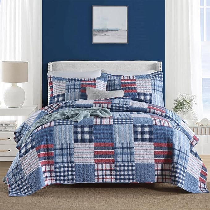 Cotton Bedding Quilt Sets Reversible Real Patchwork Coverlet Sets All Season Blue Bedspread, Plaid Patchwork Pattern,Queen Size