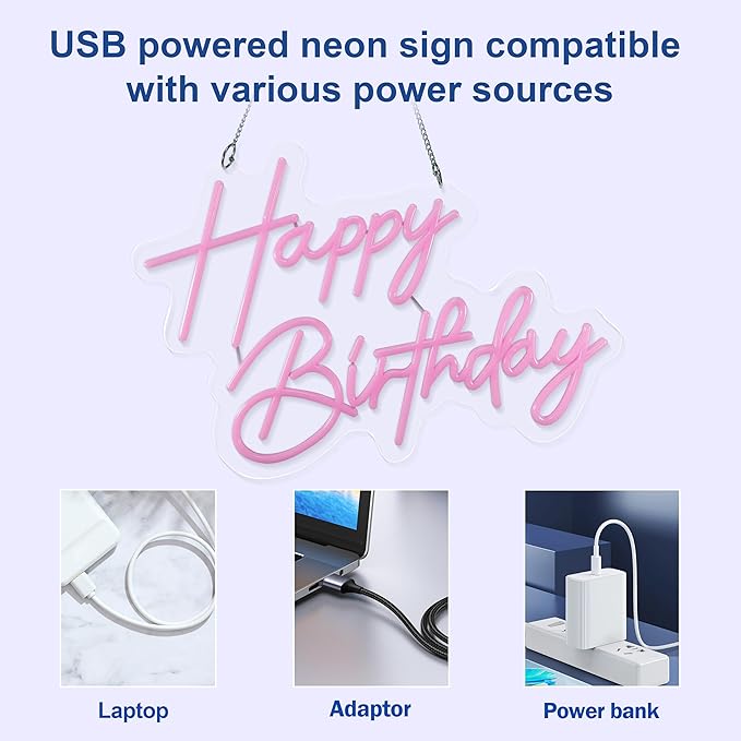 Happy Birthday Neon Sign Art Wall Lights for Beer Bar Club Bedroom Hotel Pub Cafe Wedding Birthday Party Gifts (Pink)