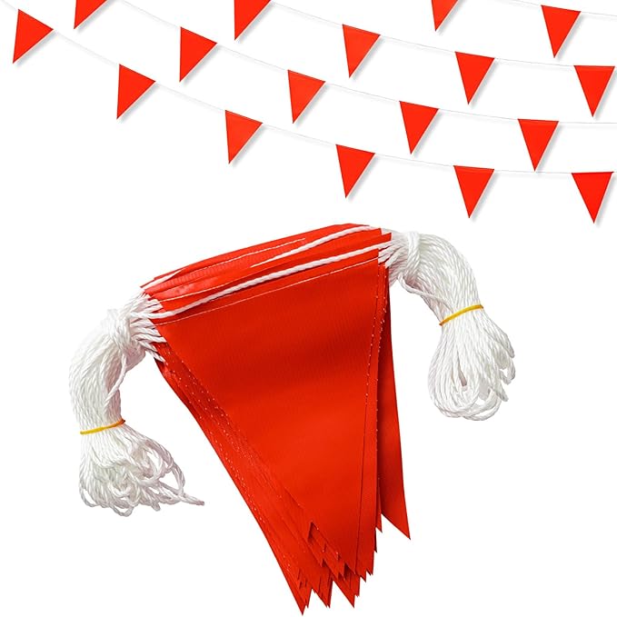 Preboun 197FT Pennant Banner Flags High Visibility Safety Marking Flags Traffic Resistant Warning Signs Rooftop Flagging for Roadwork, Hazard Areas, Construction Sites(9 x 12 Inch,Red)