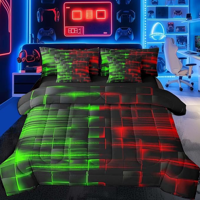 Feelyou Red and Green Comforter Set with Sheets 7 Piece Twin Size Kids Geometric Bed in a Bag Strip Lines Bedding Set Abstract Art Bed Set with Comforter, Sheets,Pillowcases,Cushion Covers