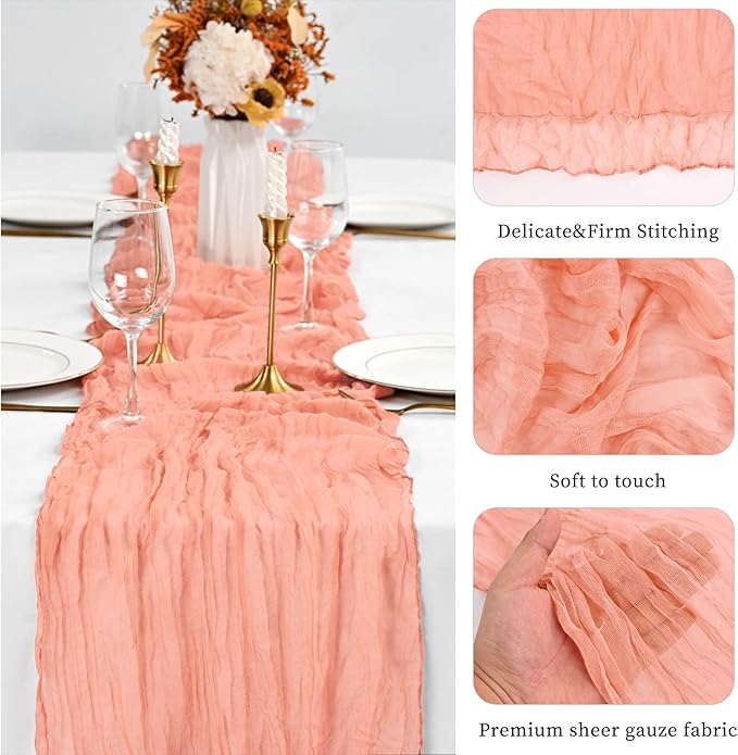 20 Pack Coral Table Runner 10Ft Cheesecloth Table Runner Boho Gauze Table Runners Romantic Long Sheer Fabric Cheese Cloth Table Runners for Wedding Party Bridal Shower