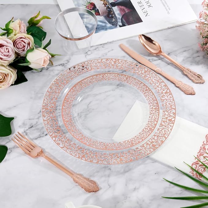 I00000 50 Guests Clear Rose Gold Plastic Plates - Disposable Dinnerware Set Includes: 100 Clear Rose Gold Plastic Plates, 150 Silverware, 50 Napkins, 50 Cups Perfect for Valentine's Day & Wedding