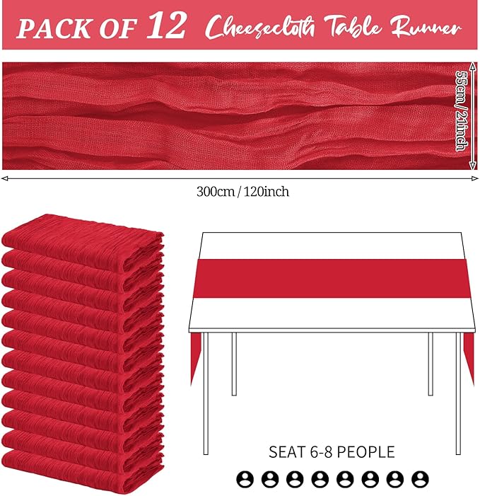12 Pack Cheesecloth Table Runner 20 x 120 inch Cheese Cloth Table Runner Bulk,Romantic Boho Sheer Gauze Fabric Table Runners for Wedding Reception,Party,Bridal Shower Table Decor(Red)
