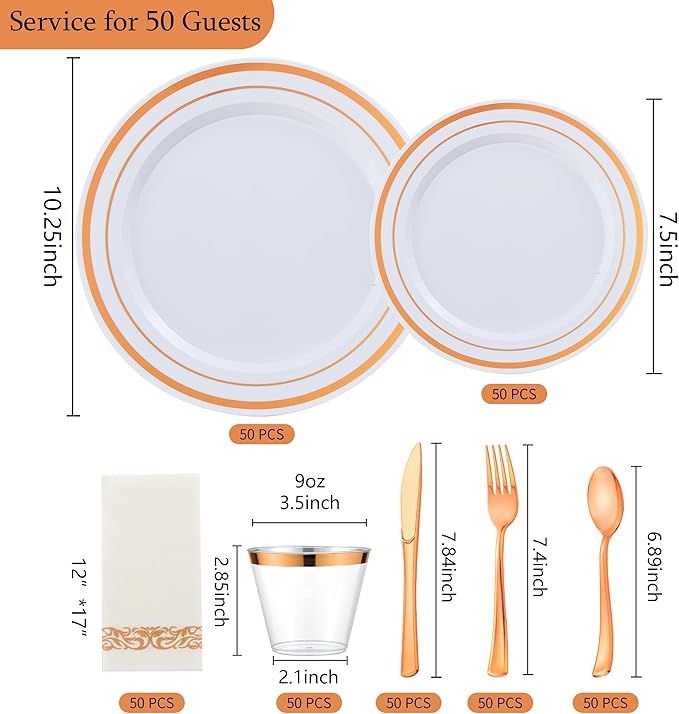 350PCS Rose Gold Plastic Plates for 50 Guests, Rose Gold Disposable Plates for Party Wedding-Dinnerware Set Include 50Dinner&Salad Plates, 50Silverware Set, 50Napkins, 50Cups