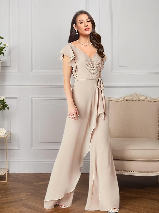 Chiffon Mother of The Bride Jumpsuits for Women Asymmetrical Pant Suits Flutter Sleeve V Neck Formal Evening Outfits