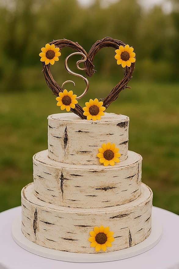 Country Wedding Cake Topper with Letter Personalization and Sunflowers