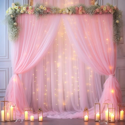 30x10ft Baby Pink Tulle Backdrop Curtain with Lights String for Parites, Sheer Photo Backdrop Curtains with Lights for Wedding Backdrop Ceremony Reception Bridal Shower Baby Shower Birthday Party