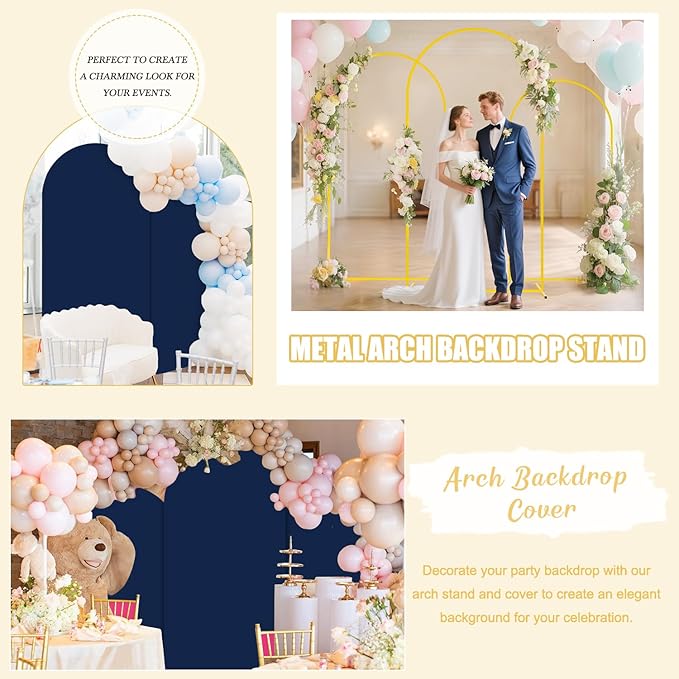 FUHSY Set of 2 Metal Backdrop Stand with Wedding Arch Cover Spandex 7.2FT, 6FT Balloon Party Backdrops Arch Stand Navy Blue Arched Backdrop Cover for Baby Shower Birthday Ceremony Banquet Event Decor