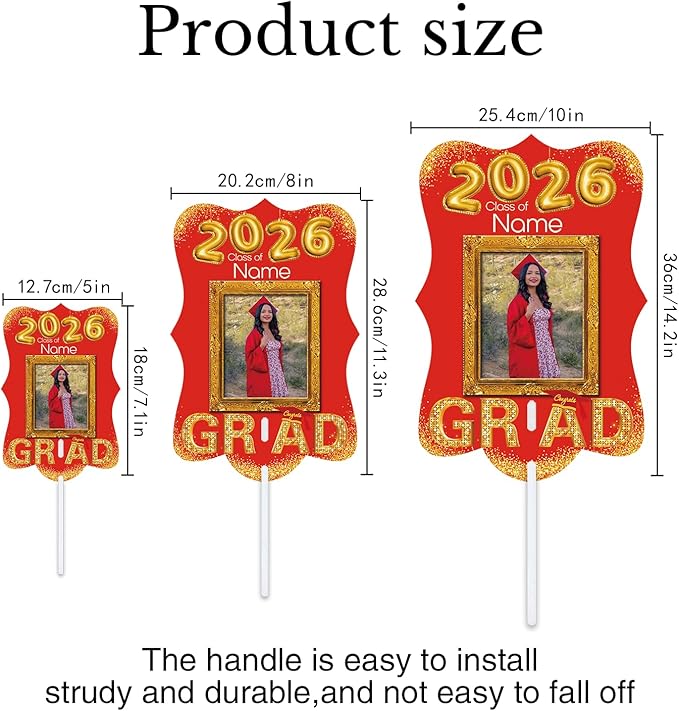 Personalized Graduation Double Sided Face Fan Class of 2026 Customized Graduation Head Face Cutout with Handle Fun Photo Prop Supplies(A-Red and Gold,12pcs)