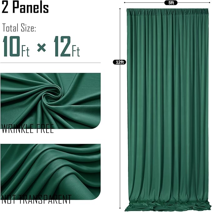 gogoparti 10x12ft Hunter Green Backdrop Curtain for Wedding Parties, 2 Panels (5x12 ft Each) Wrinkle-Free Dackdrop Curtains, Silky Draping Fabric for Birthday Party, Baby Shower, Photo Background