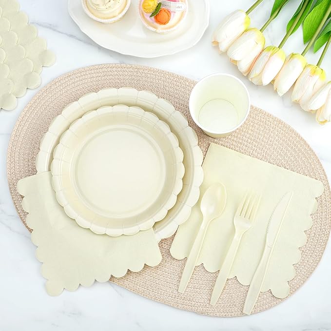 350 Pcs Ivory Dinnerware Sets, 9" Party Plates, 7" Cream Dessert Plate, 9oz Cups & Cutlery, 50 Guest Beige Scalloped Disposable Plates Set for Baby Bridal Shower, Wedding, Birthday