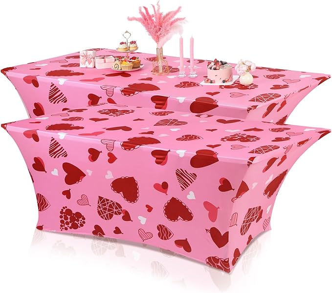 Oudain 2 Pcs Valentine's Day Stretch Table Cover 6 Feet Pink Heart Valentine's Day Spandex Table Clothes Sport Theme Party Decorations for Holiday Party Celebration Picnic Dinner Decor