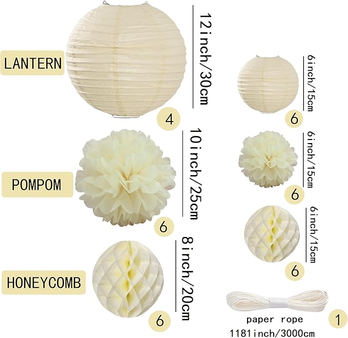 WOLHOWLTD Beige Paper Decoration Set - 34 Pcs Paper Lanterns, Pompoms, Honeycomb for Wedding,Harvest, New Year,School Day,Bridal Baby Shower,Birthday Party Classroom,Home Garden Decoration (Beige)