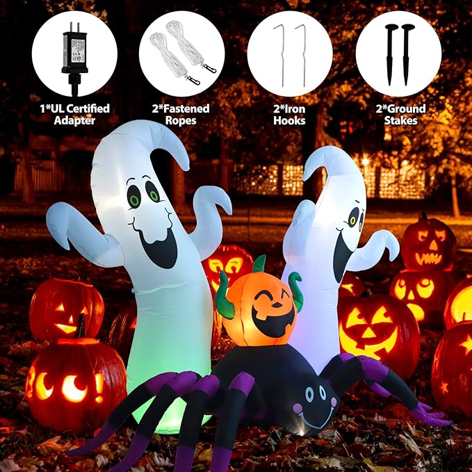 Halloween Inflatable, SHDEJTG 7Ft Pumpkin Ghost Spider Inflatable Decoration, Blow Up Yard Decoration Clearance with LED Lights Built-in for Outdoor, Holiday, Party, Yard, Garden