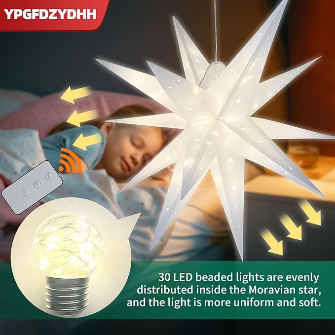 23" Large Moravian Star Outdoor Light, Moravian Star Christmas Tree Topper Lighted Battery Operated, Remote Control Hanging Outdoor/Indoor Tree Topper Light for Courtyard, Porch-White