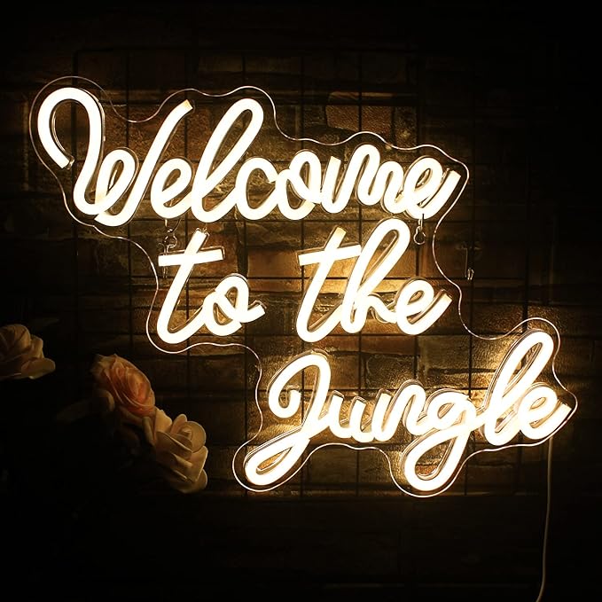 Welcome to the Jungle Neon Sign Warm White Led Word Neon Light Signs for Wall Decor Usb Letter Light Up Sign for Bedroom Nursery Kids Room Garden Home Entryway Front Porch Wedding Birthday