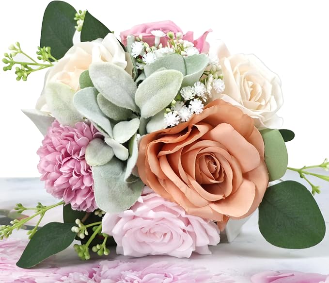 Bridesmaid Bouquets Set of 6 - Blush & Pink Artificial Flowers Bouquet for Bridesmaids Wedding Small Floral Centerpieces for Marriage Proposal Party Anniversary Dining Table Decor -7 Inch