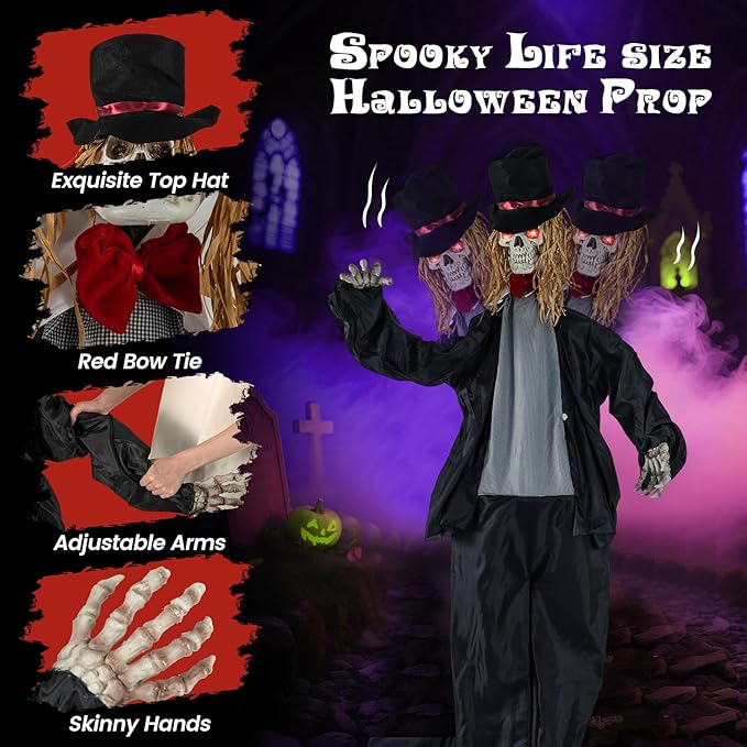 BECOMFORT 7.2 FT Halloween Animatronics, Sound-Activated Skeleton Groom with Glowing Eyes, Creepy Sounds, Moving Head & Posable Arms, Animated Halloween Props Decoration for Indoor & Outdoor