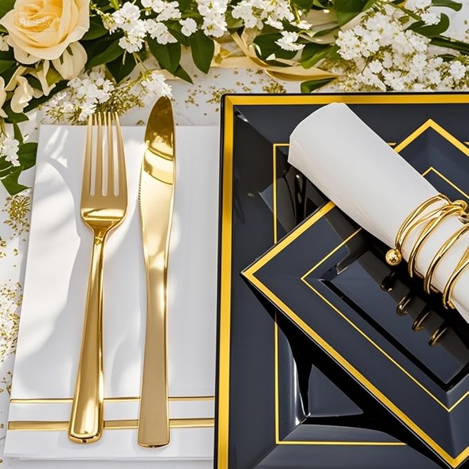 Festiva 350Pcs Black and Gold Plastic Plates-50Guests Disposable Square Black Dinnerware Set include 100 Plastic Plates,50Cups,150Plastic Cutlery,50Napkins for Party &Wedding&New Year