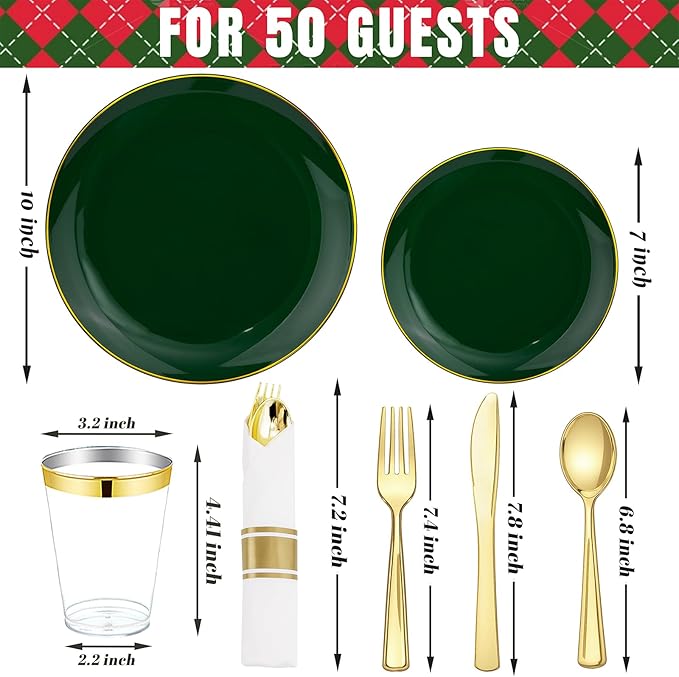 KIRE 350PCS Green Plates Disposable - Heavy Duty Green and Gold Plates - 50Guest Include Green Plastic Dinnerware - Pro Rolled Napkins with Gold Silverware and Cups for St. Patrick's Day&Party