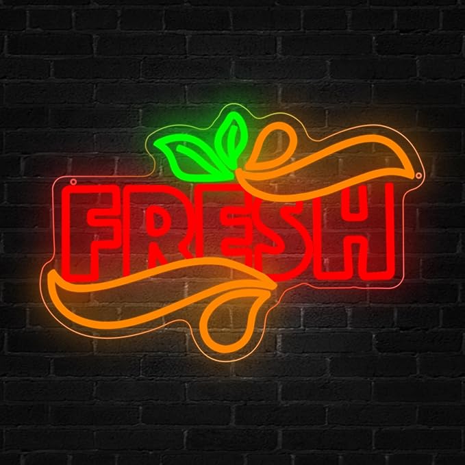 Fresh Neon Sign, Fresh Led Neon Light Signs for Wall Window Store Decor Fruit Store Business Light Up Sign for Fresh Produce Store Coffee Shop Light Bites Restaurant Dimmable USB Powered(16.9"*11.4")