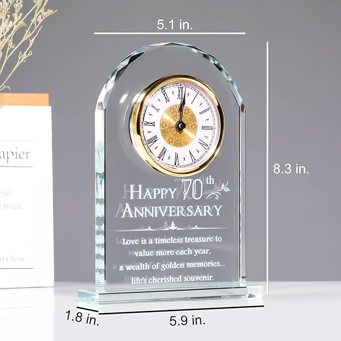 YWHL 70th Wedding Anniversary Clock Gifts for Parents Grandparents, 70th Wedding Anniversary Glass Keepsake for Couples, Meaningful 70 Years Marriage Party Home Decor (Battery not Included)