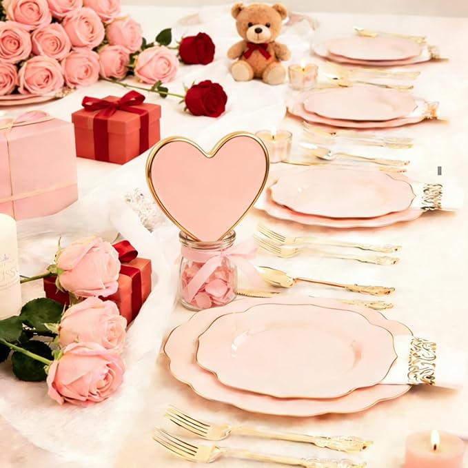 NOCCUR 175PCS Pink Plates with Gold Disposable Silverware - Include 50 Pink Plastic Plates,25 Knives,25 Forks,25 Spoons,25 Cups and 25 Napkins - Ideal for Party/Wedding/Valentines Day