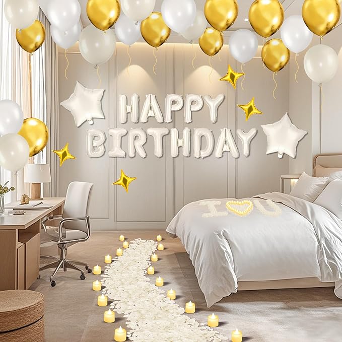 White Gold Happy Birthday Balloons Decorations Cream White Gold Birthday Balloon Letters Banner with 6 Pcs Star Balloons White Artificial Rose Petal 24 Flameless LED Candles for Room Hotel Party Decor