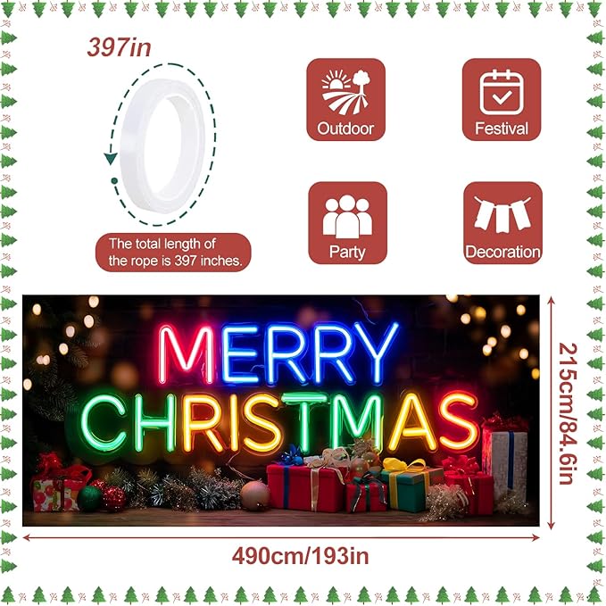 Colorful Neon Merry Christmas Garage Door Banner 7x16FT, Bright Holiday Sign for Xmas, Outdoor Decoration for Garage Doors, Large Garage Cover for Christma
