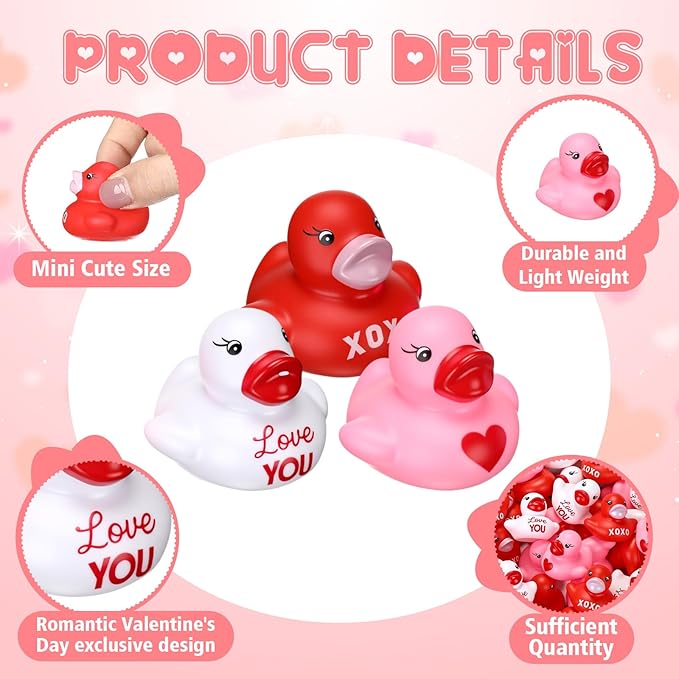200 Pcs Valentine's Day Rubber Duck Heart XOXO Valentines Duck 1.4 Inch Pink Red White Float Toys for Party Favors Prizes Exchange Gifts Goodie Bag Fillers, 3 Styles