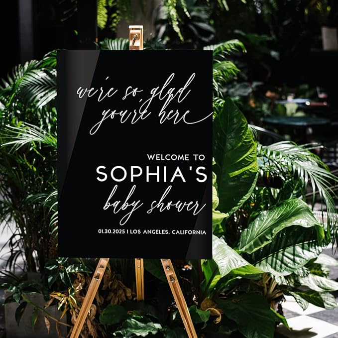 Andaz Press 16"x20" Black Acrylic Personalized Baby Shower Welcome Sign, Gender Neutral Modern Script Large Custom Sign for Easel Stand, Baby Shower Decorations