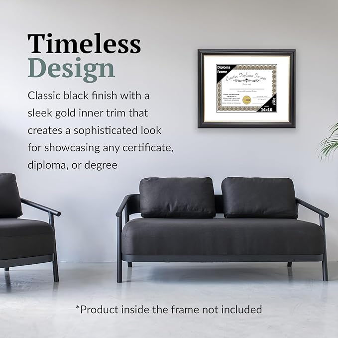 Creative Picture Frames 14" x 16" Rockefeller Black with Gold Rim Diploma Frame, Displays 14" x 16" Certificate or 16" x 20" Document without Mat, College Degree Frame, Full-Strength Glass, White Mat