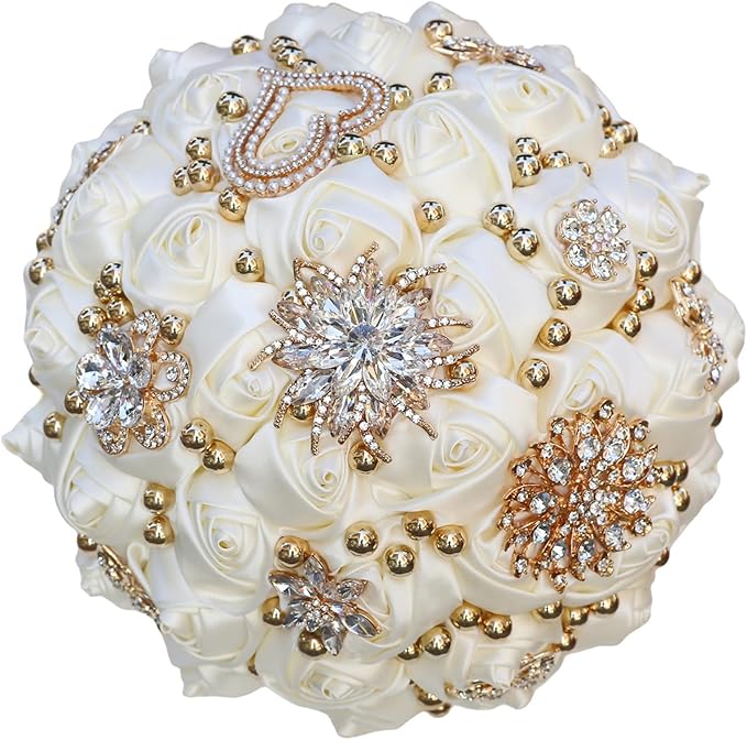 Bridal Wedding Bouquet for Bride Bridesmaid Wedding Quinceanera Throw Toss Artificial Rose Flower Bunch with Bling Brooch (07G#Ivory, Small (Dia. 7.5"/18cm))